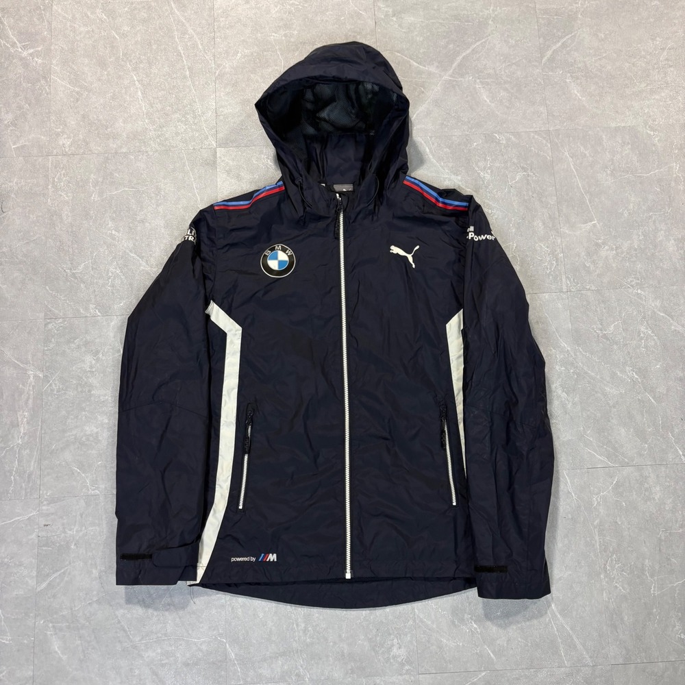 Puma BMW M Motorsport Hooded Windbreaker Jacket Mens Medium Navy Blue Full Zip